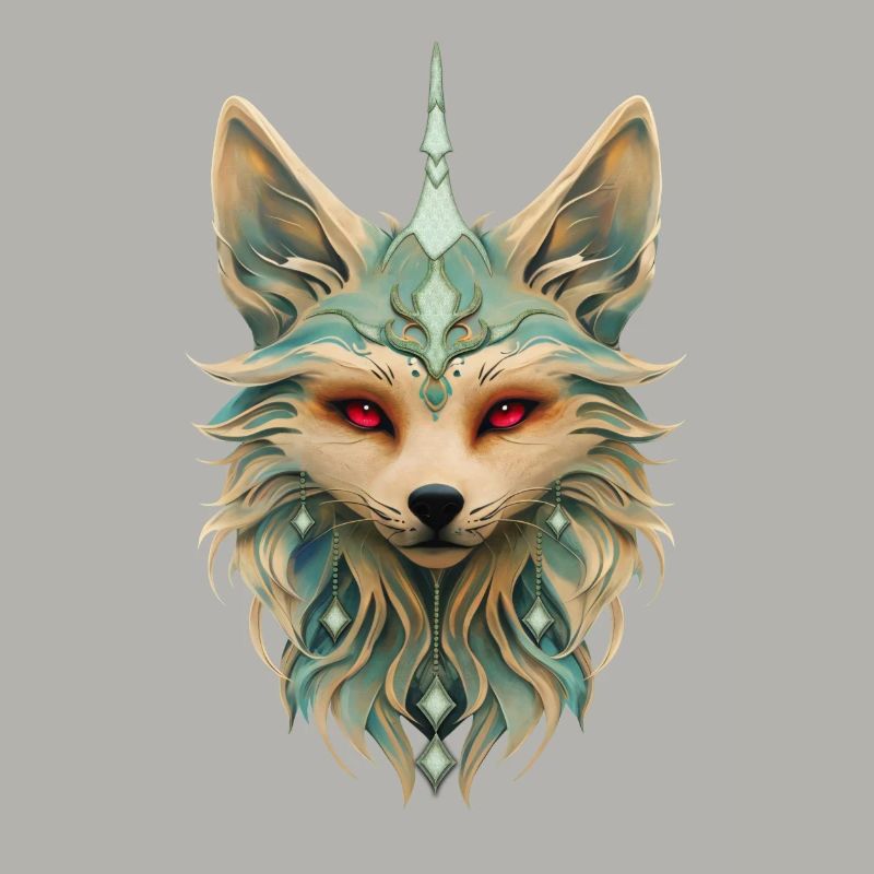 Mystical fox with piercing red eyes.