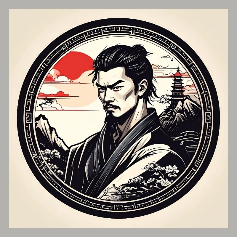 Samurai in circle frame sunset