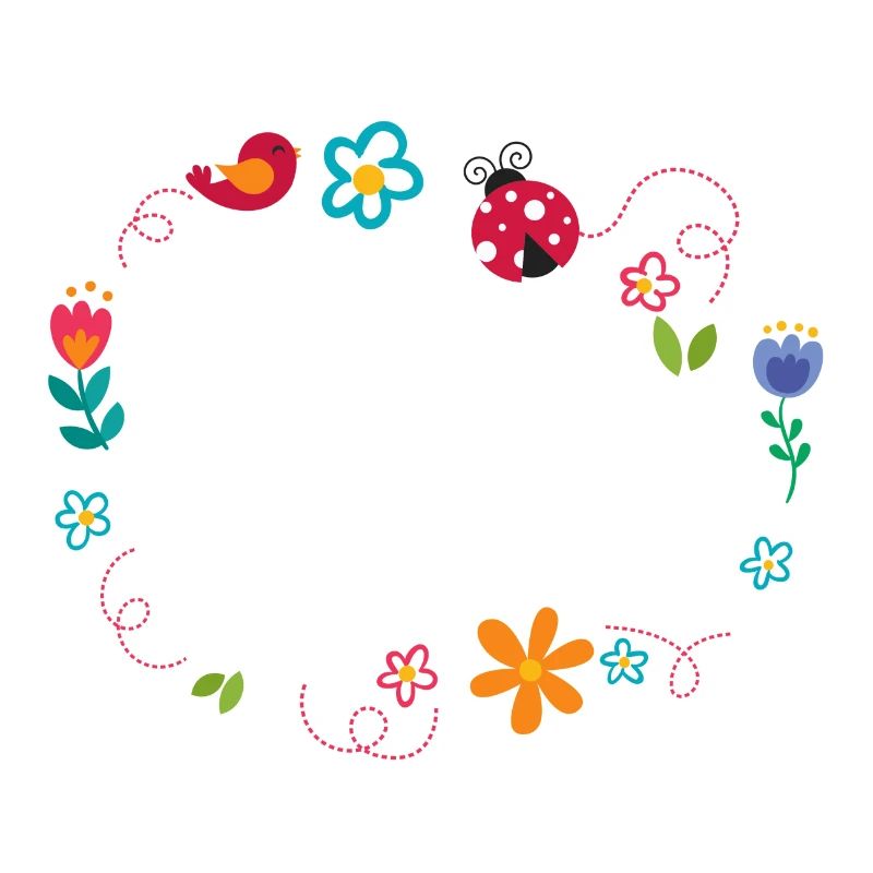 Round frame with flowers, ladybug and bird