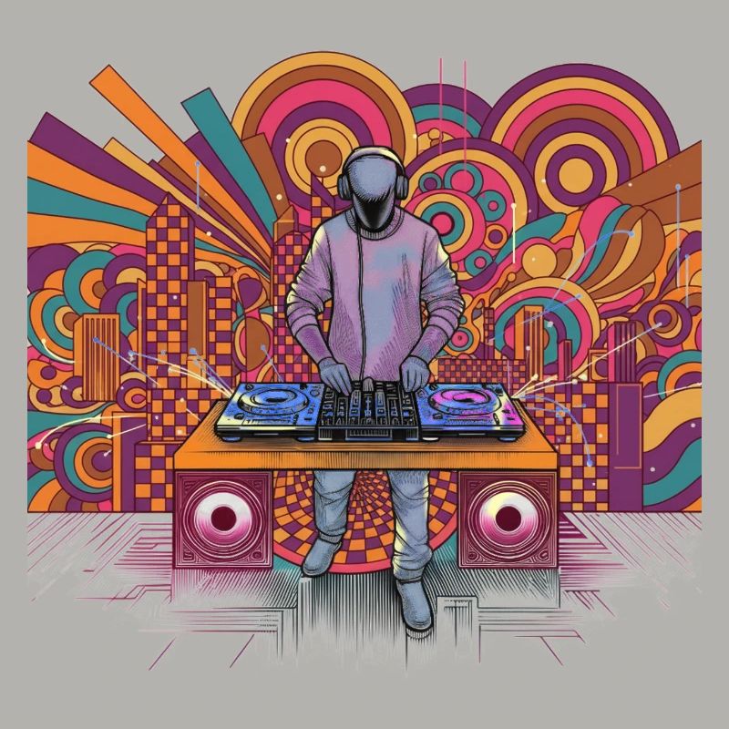 Futuristic DJ in a psychedelic background