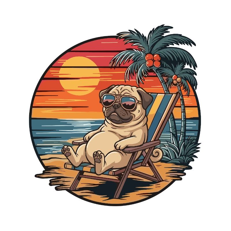 Funny Pug on Beach Summer Vacation Sunset