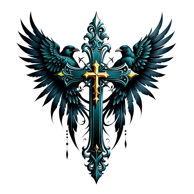 Gothic cross with decorative elements and birds.