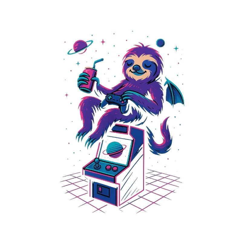 Space Gamer Sloth avec boisson et arcade