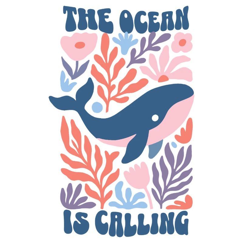 The Ocean Is Calling - Retro Whale Boho Flowers