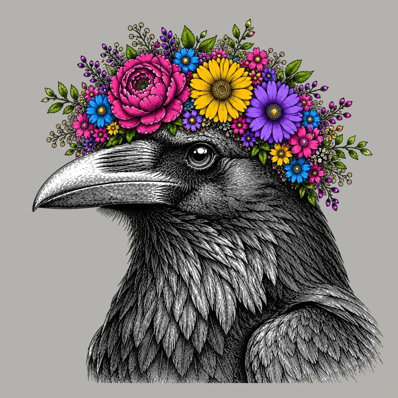 Tête de corbeau avec couronne de fleurs
