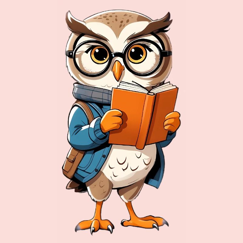 Lernende Eule mit Brille liest Buch