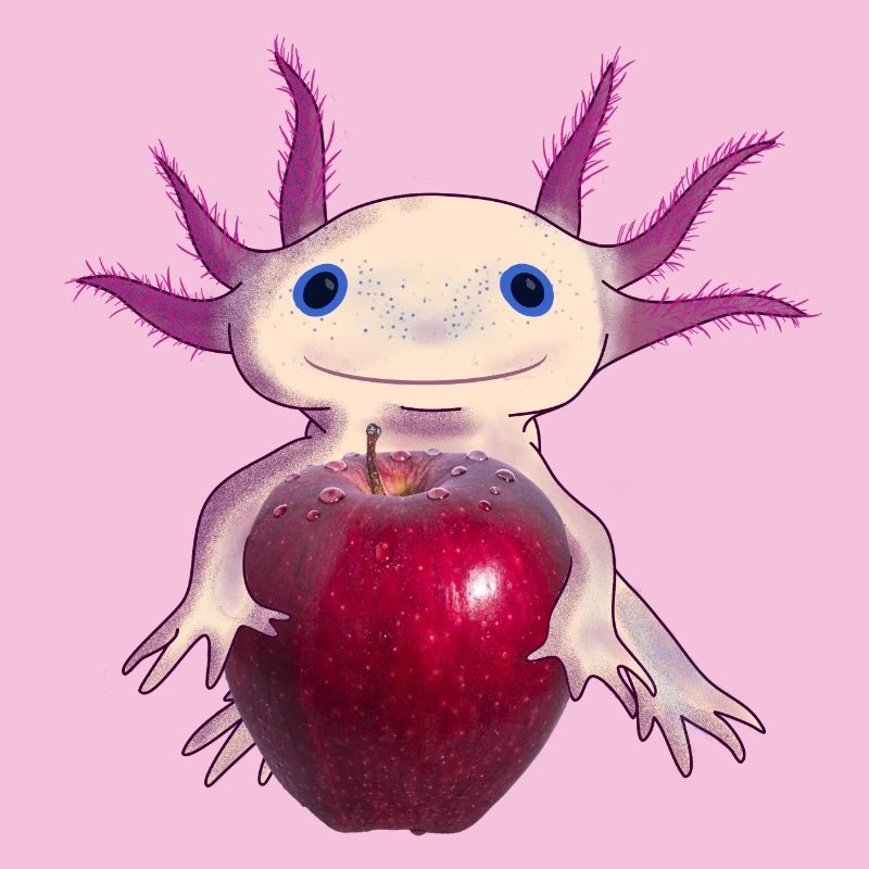 Cuddly Axolotl with Apple, Hand Drawn