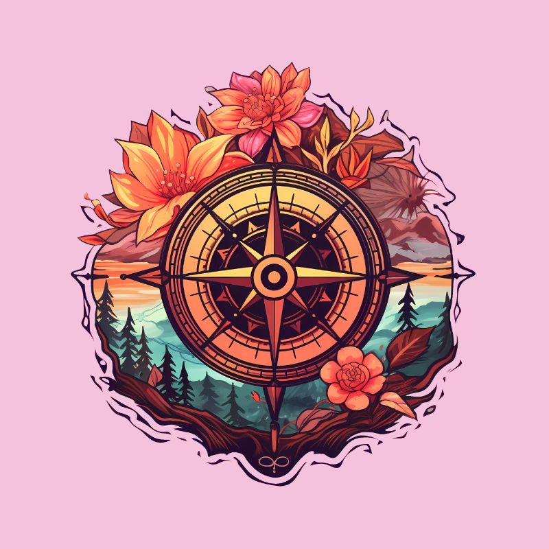 Wunderschöner Boho Kompass mit Blumen und Bäumen