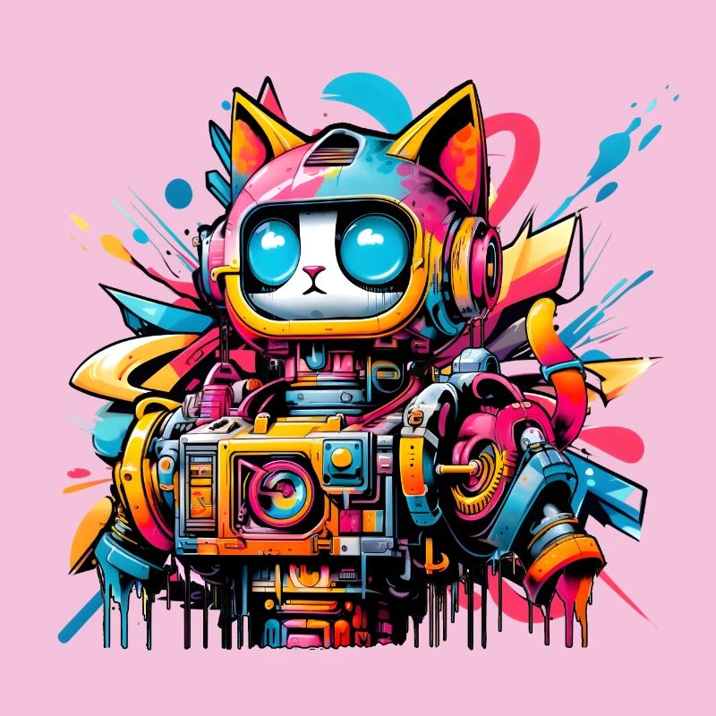 Chat conçu comme un robot dans le style graffiti de la bande dessinée