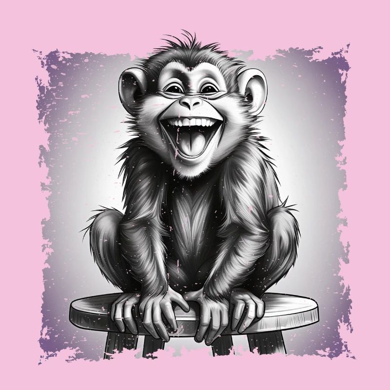 Monkey laughing sitting on stool