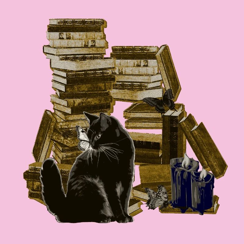 Bücherstapel mit Katze, lesen