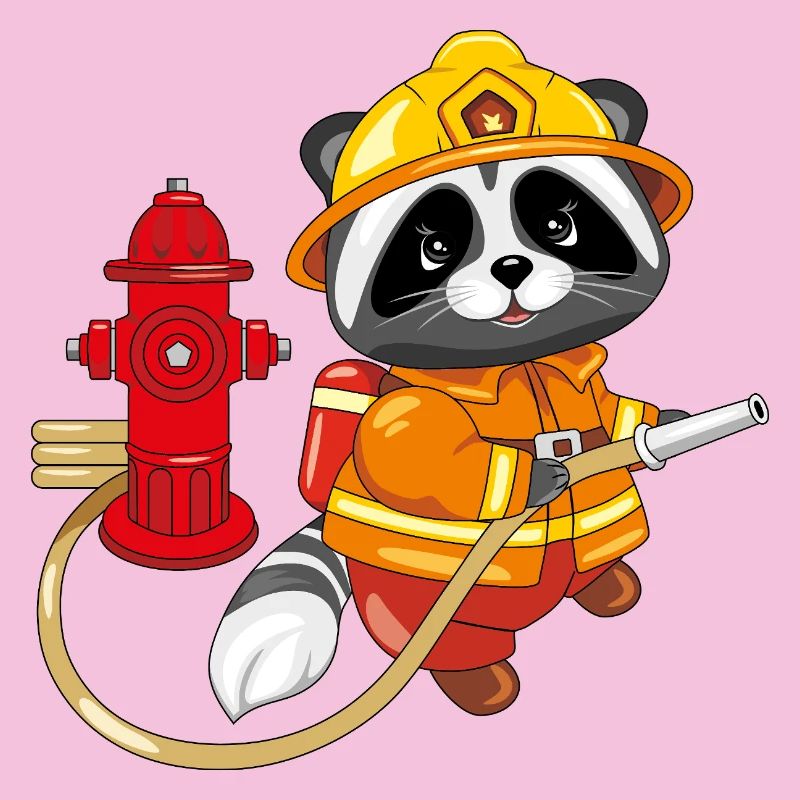 Cute raccoon firefighter with a hydrant