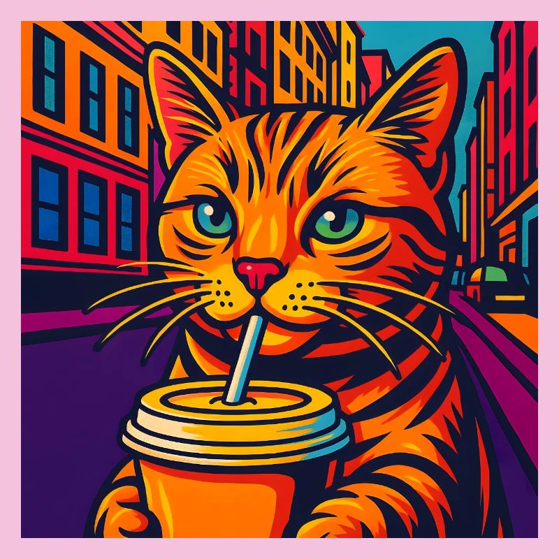 Chat urbain dynamique avec boisson, aime les chats