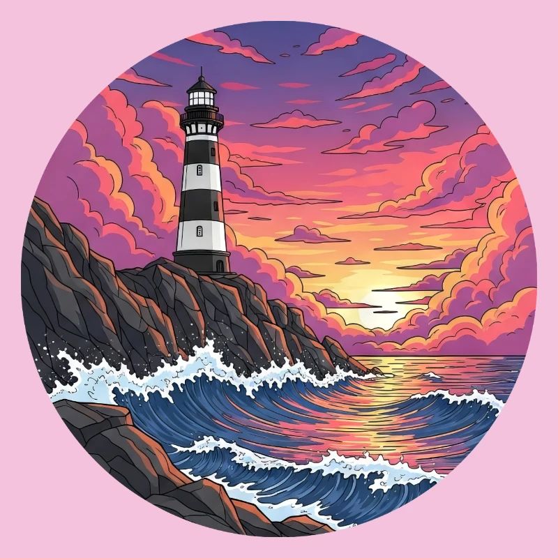 Bande dessinée phare mer surf coucher de soleil