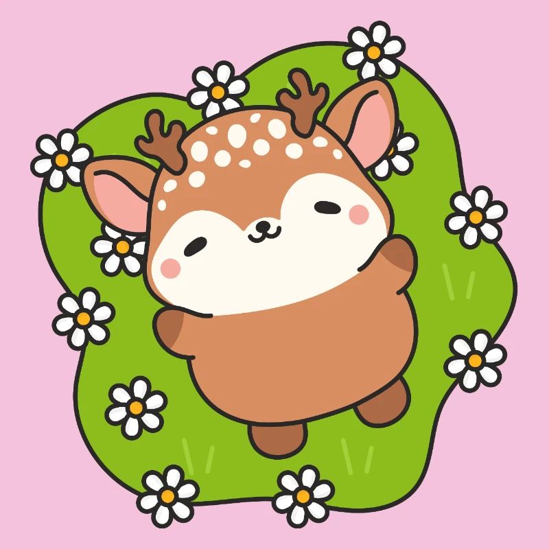 Cerf Mignon en Fleurs sur Gazon Vert