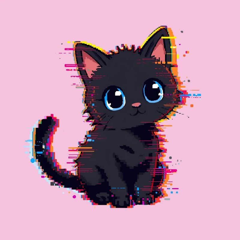 Neon Glitch Noir Chat Mignon