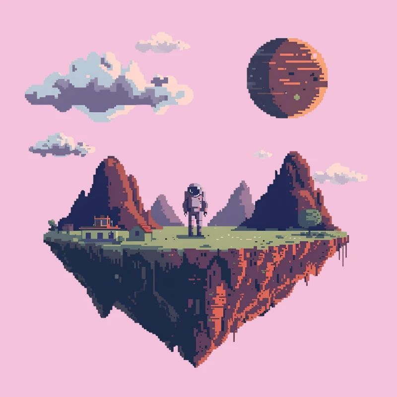 8-Bit Pixel Astronaut auf Schwebender Insel