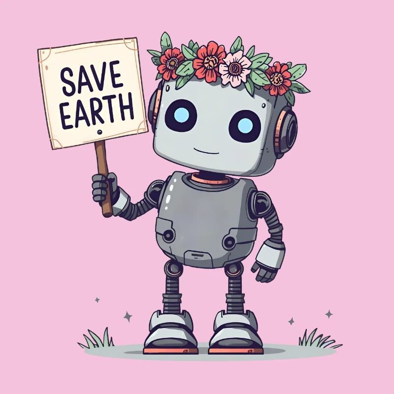 Robot mignon avec couronne de fleurs – Save Earth