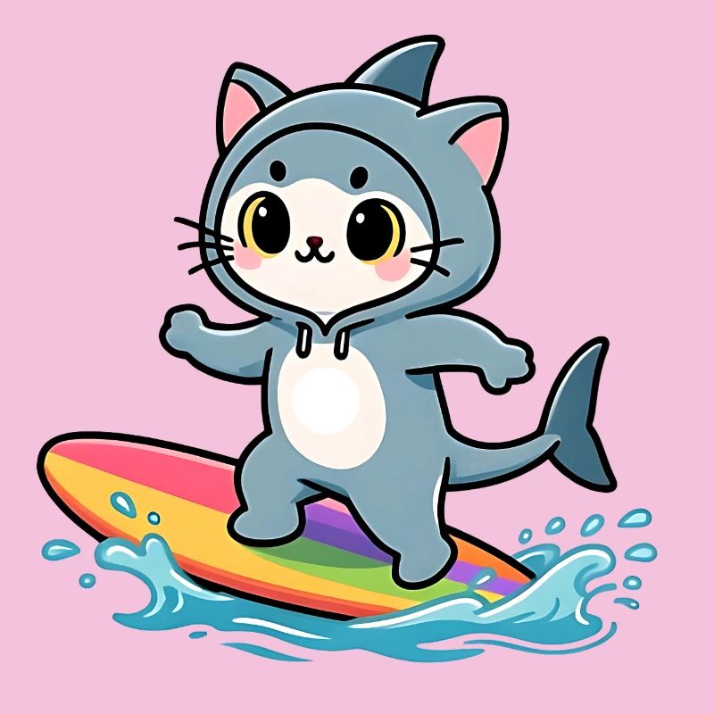 Chat requin sur planche de surf arc-en-ciel
