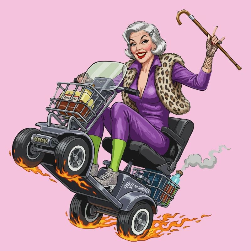 Mamie violette sur un scooter de mobilité de course