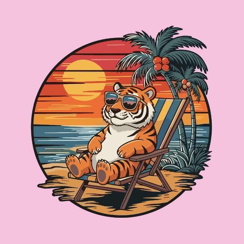 Funny Tiger on Beach Summer Vacation Sunset