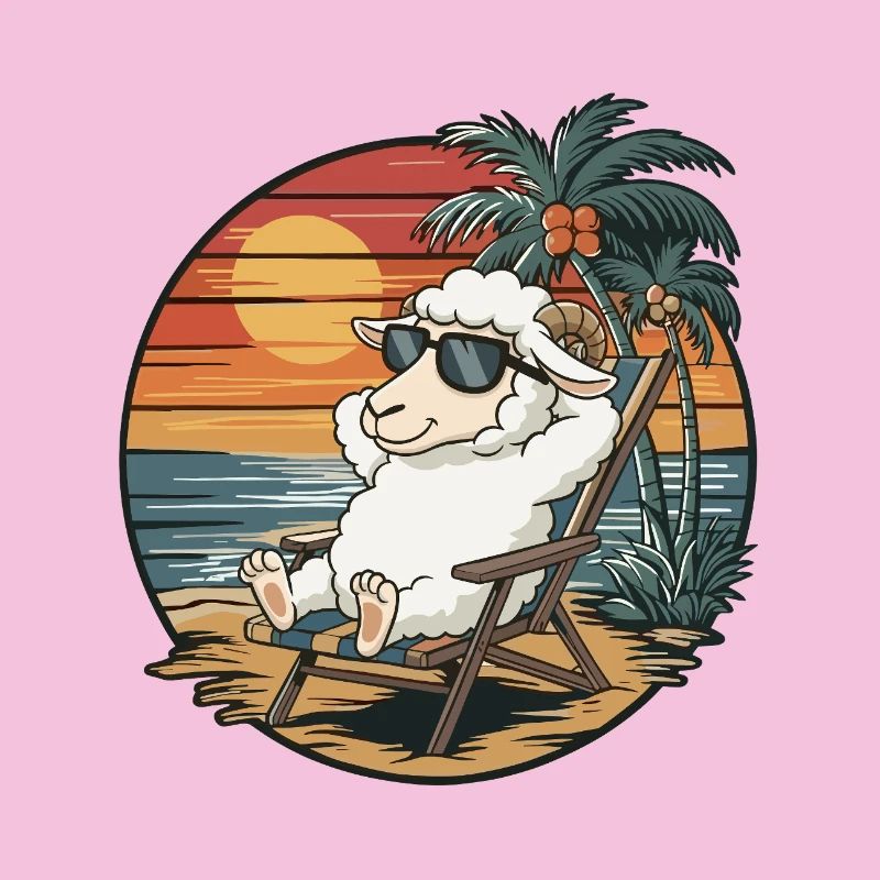Funny Sheep on Beach Summer Vacation Sunset