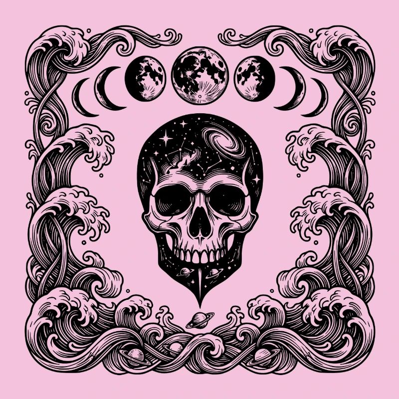 Cosmic Gothic Skull Ocean Waves Moon Phases Art