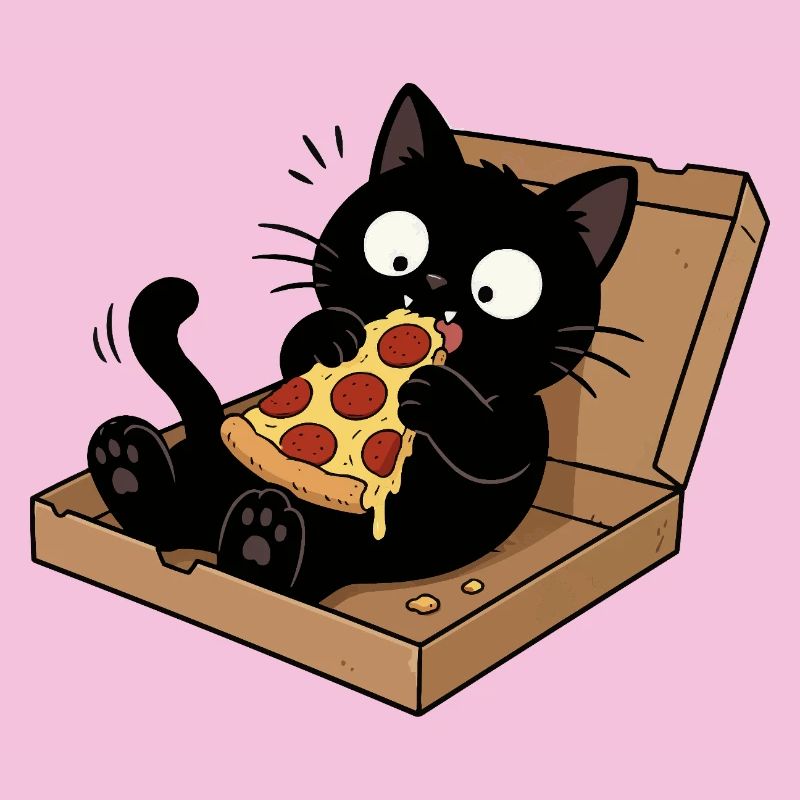 Chat noir savourant une pizza