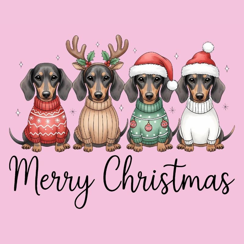 Quatre teckels, chiens blaireaux en pull de Noël