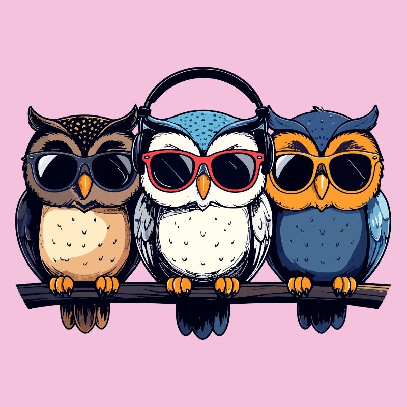 Drei coole Eulen Trio mit Sonnenbrille Kopfhörer