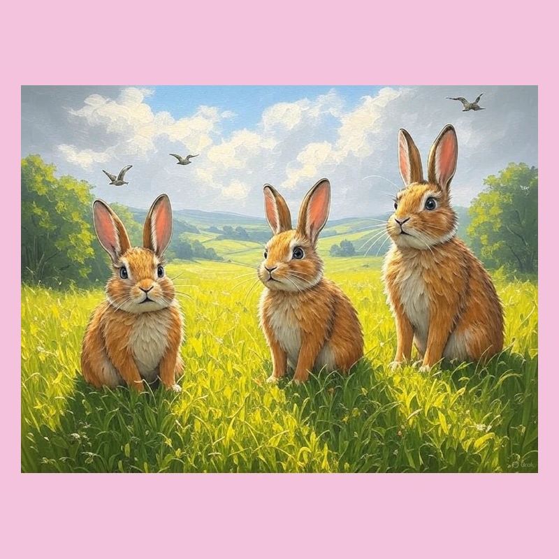 Three rabbits in the spring field