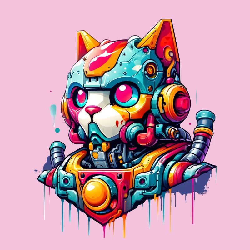 Chat conçu comme un robot dans le style graffiti de la bande dessinée
