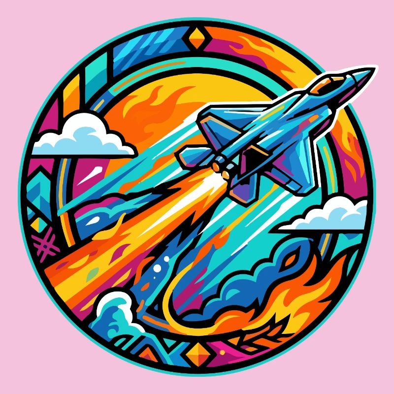 Neon Nozzles Jet in Fire Circle Retro Space Rocket