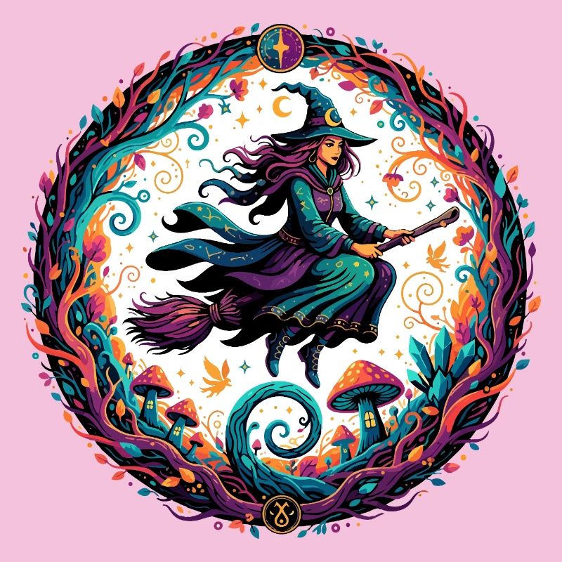 Witch magic in the forest Witch on broom in the enchanted forest