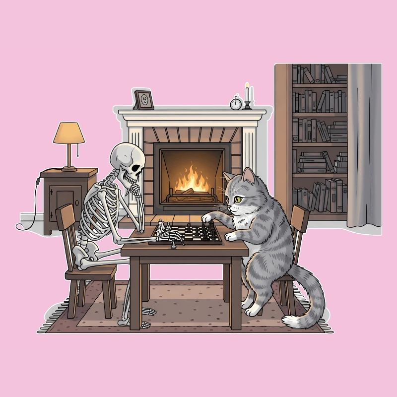 Salle de cheminée confortable avec échecs et chat