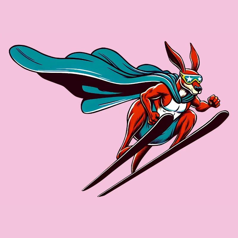 Skiing super bunny with cape and ski goggles