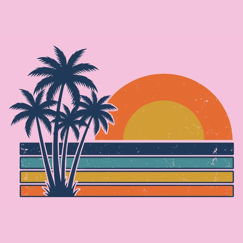 Plage d’été rétro avec des palmiers au coucher de soleil