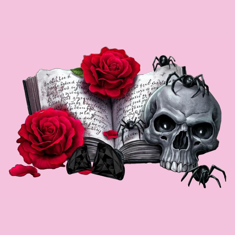 Gothic-Buch mit Rosenblüten, Menschenschädel