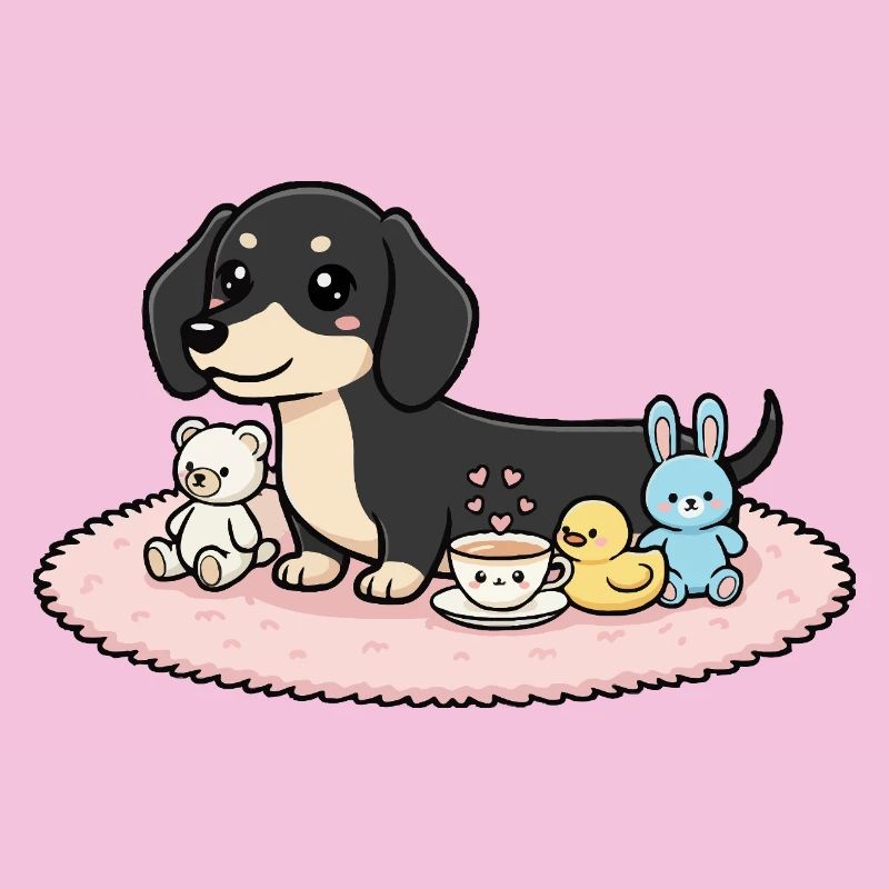 Dackel schwarz mit Kuscheltieren