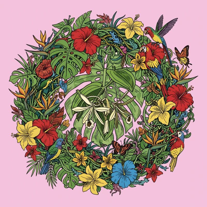 Couronne de fleurs tropicales avec des oiseaux