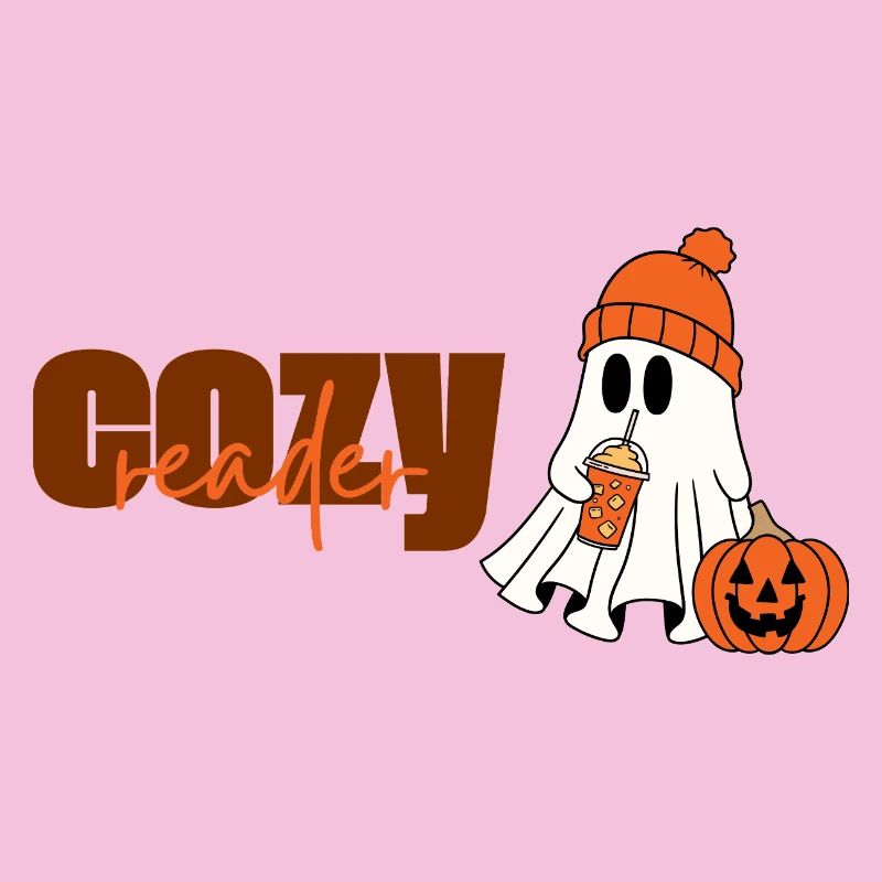 Cozy Reader Halloween Ghost with Pumpkin and Hat