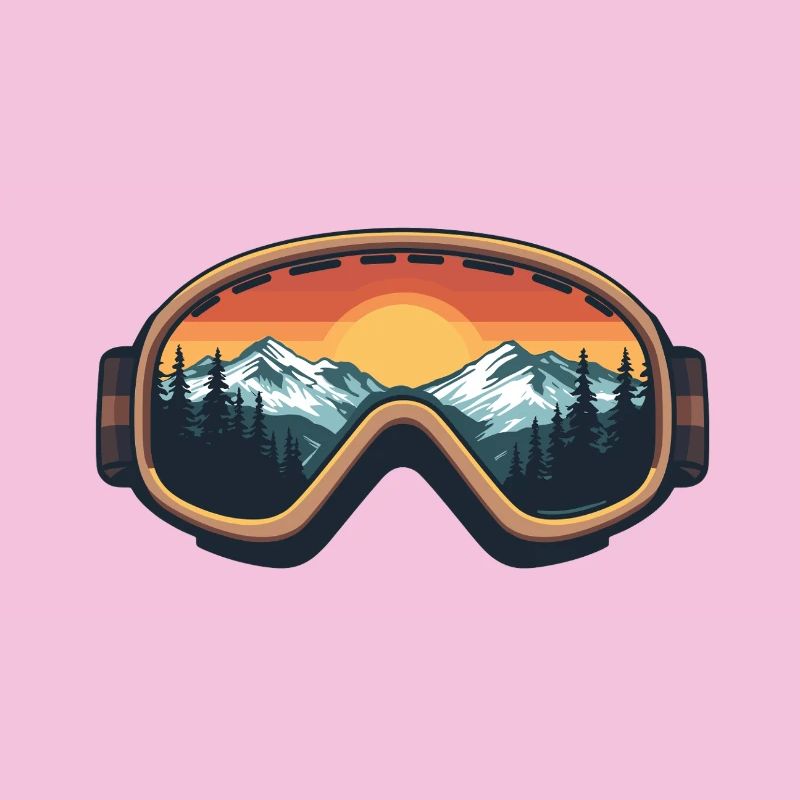 Ski goggles with mountain panorama & sunset