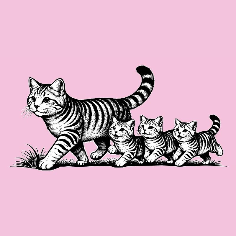 Mère chatte avec 3 chatons, noir et blanc