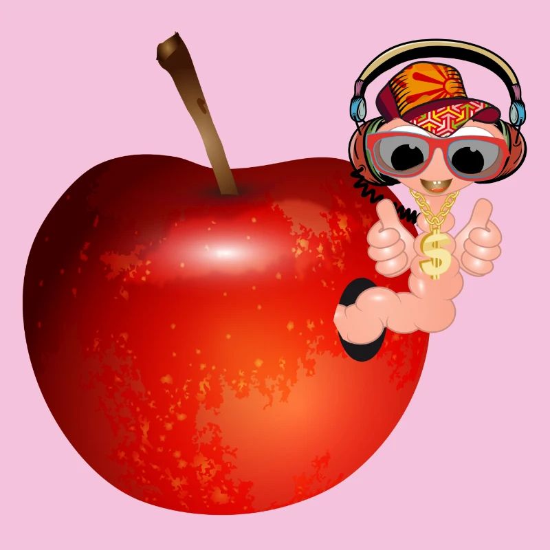 small earthworm as hip hopper in a red apple