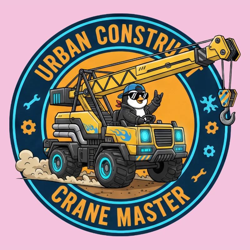 Cool Penguin Crane Operator Construction Worker Cartoon