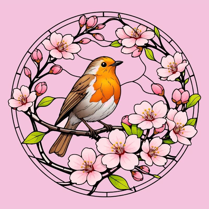 Rotkehlchen mit Kirschblüten Glasfensterstil