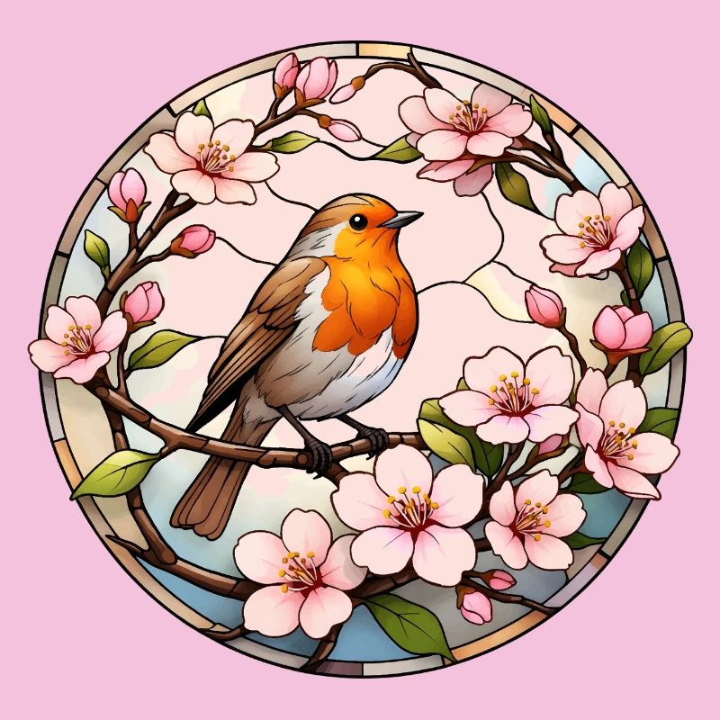 Robin with cherry blossoms spring motif