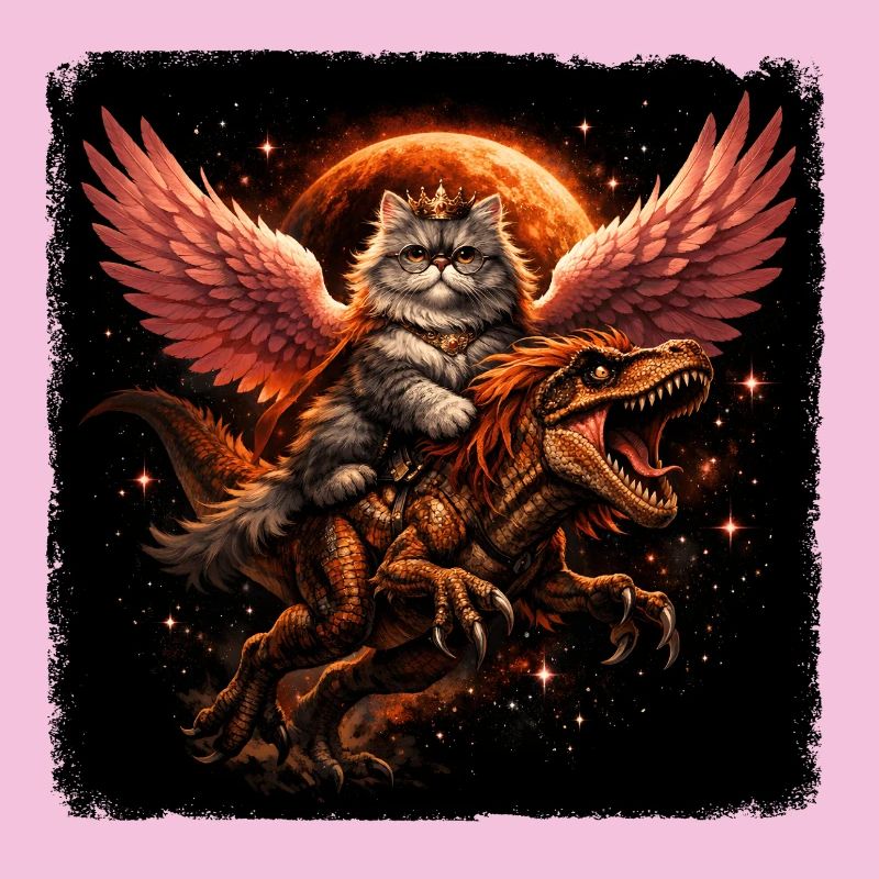 Reine des chats sur T-Rex avec des ailes dans l’espace