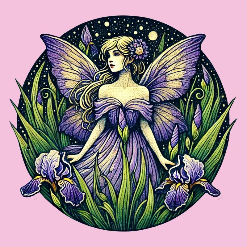 Fée enchantée dans le jardin d'iris