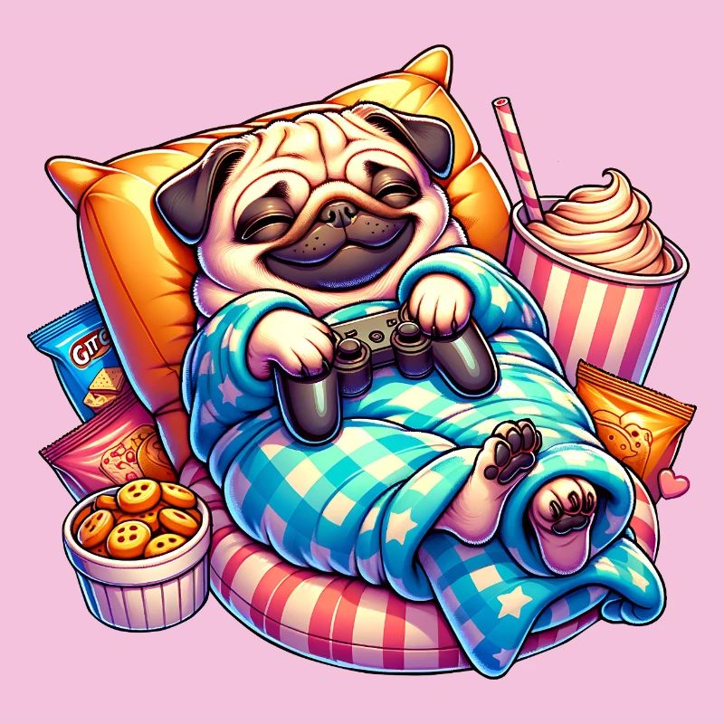 Relaxed Gaming Pug with Snacks